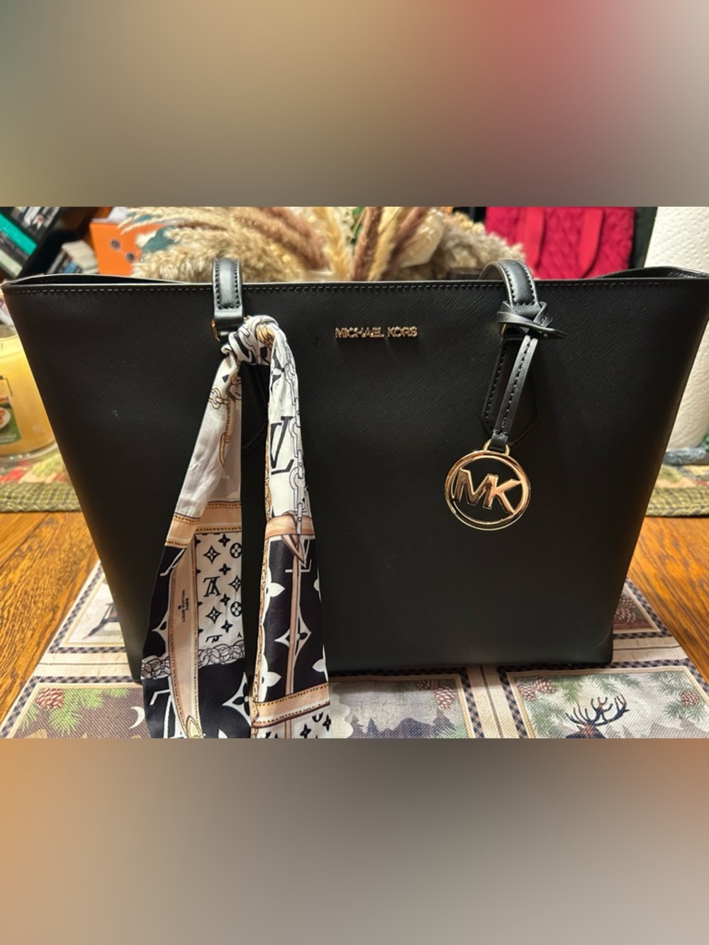 Michael Kors Black Saffiano Leather Tote with Gold MK Charm and Scarf